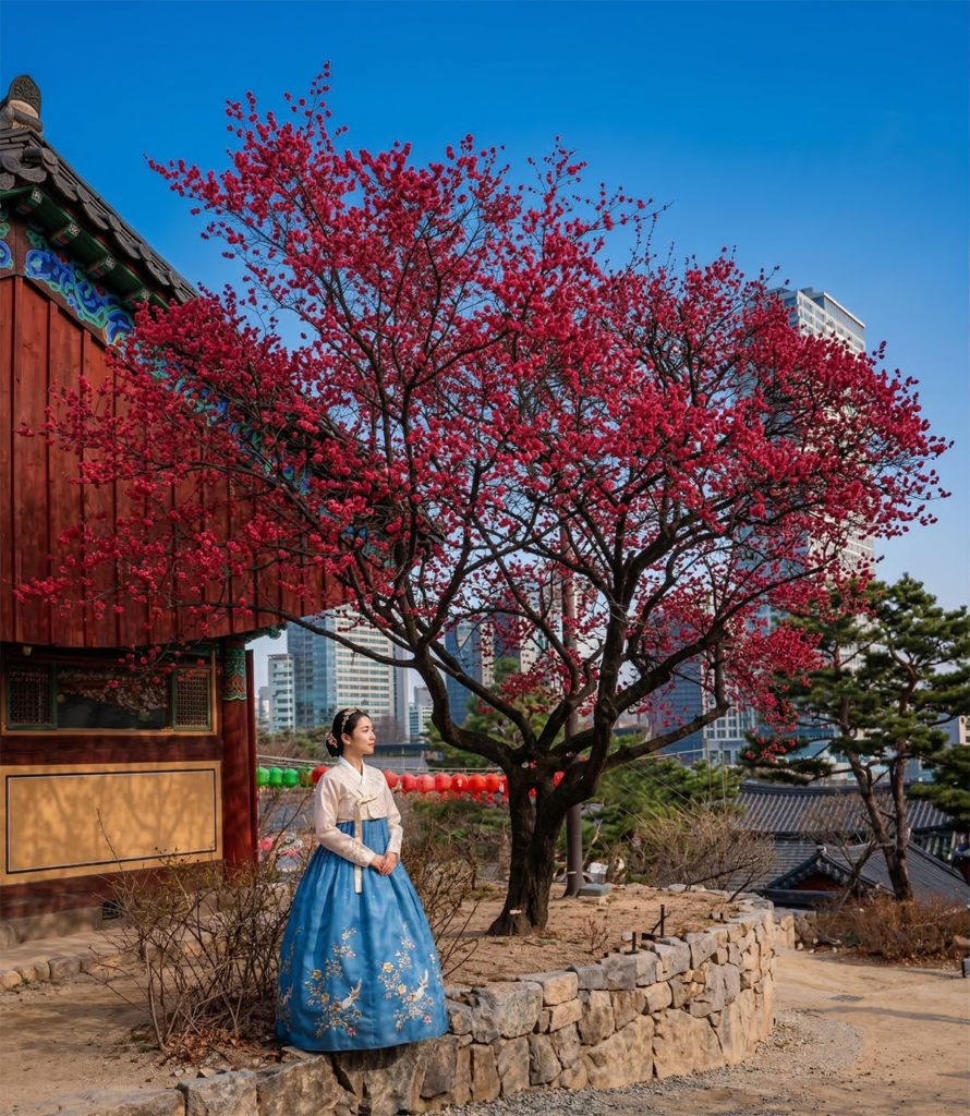 Red Plum Blossoms at Bongeunsa Temple, Seoul