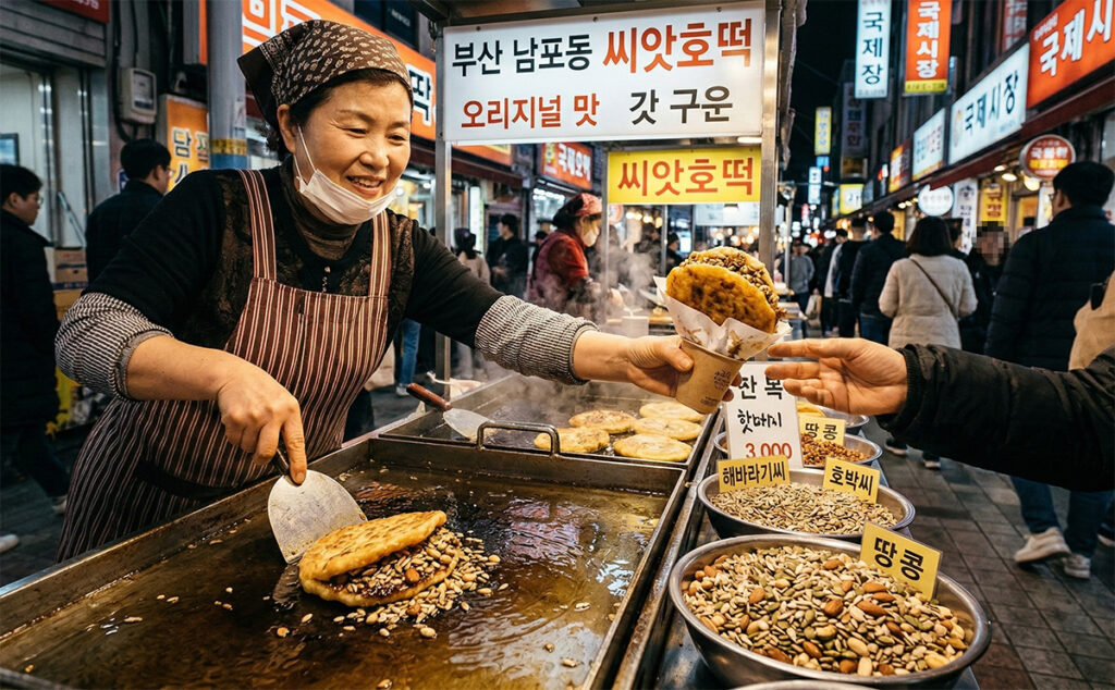 Busan’s signature street snack, Ssiat Hotteok (Seed-stuffed Pancake)