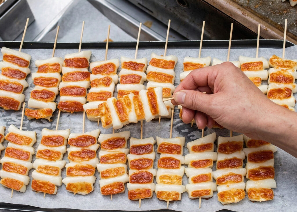 The cheese tteokbokki that's being grilled on the grill